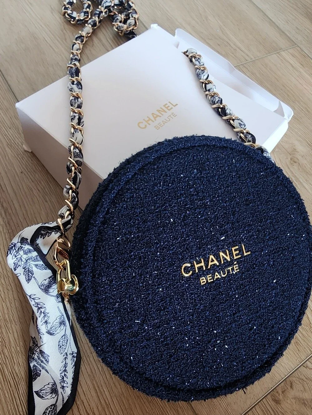 Chanel Beaute Round Navy Blue cosmetic Tweed pouch With Crossbody Chain NIB
